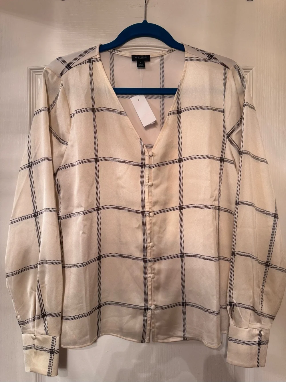 New ! Ann Taylor Cream Button-Front Windowpane Blouse